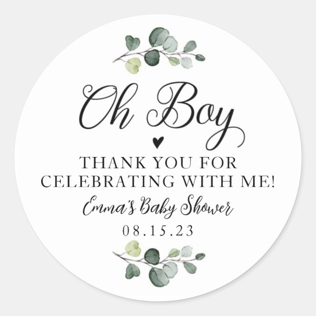 Greenery Oh Boy Baby Shower Pegatina (Anverso)