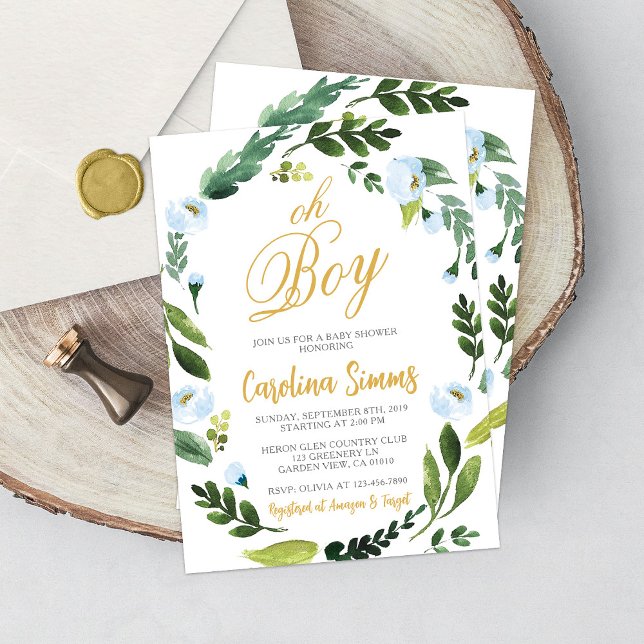 Greenery Oh Boy Invitación al Oro de Baby Shower (Subido por el creador)