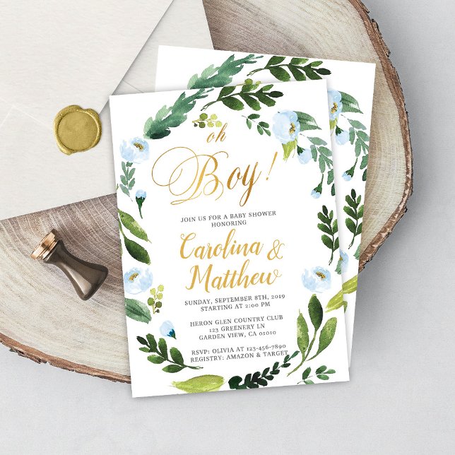 Greenery Oh Boy Invitación al Oro de Baby Shower (Subido por el creador)