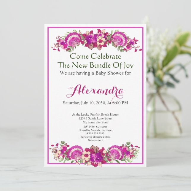 Greenery Seashell Chica rosa Floral Baby Shower (Anverso de pie)