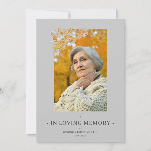 Grey Floral Frame Elegant Photo Funeral Invitation (Anverso)