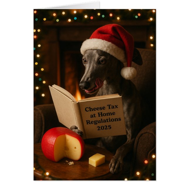 Grey Whippet 'Cheese Tax' Christmas greetings card (Frente)