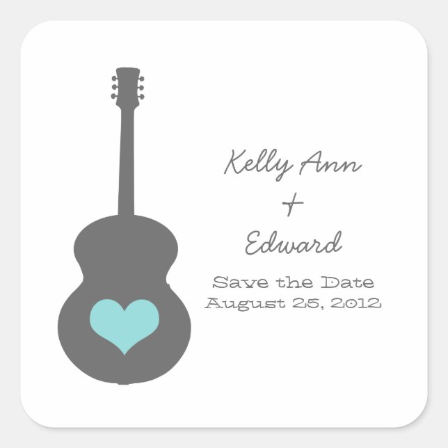 Gris/Aqua Guitar Heart Save the Date Pegatinas (Anverso)