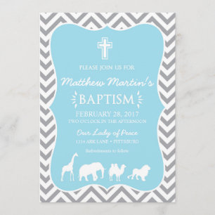 Gris azul Chevron de la invitación del bautismo de