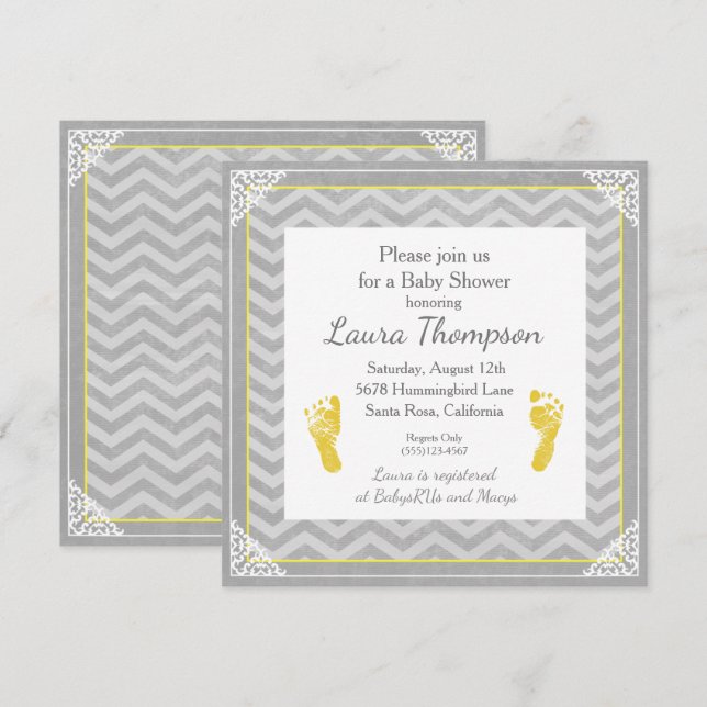 Gris Chevron Stripe de Invitación de Baby Shower (Anverso / Reverso)