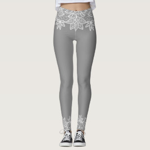 Gris con aspecto de encaje blanco Spandex Leggings