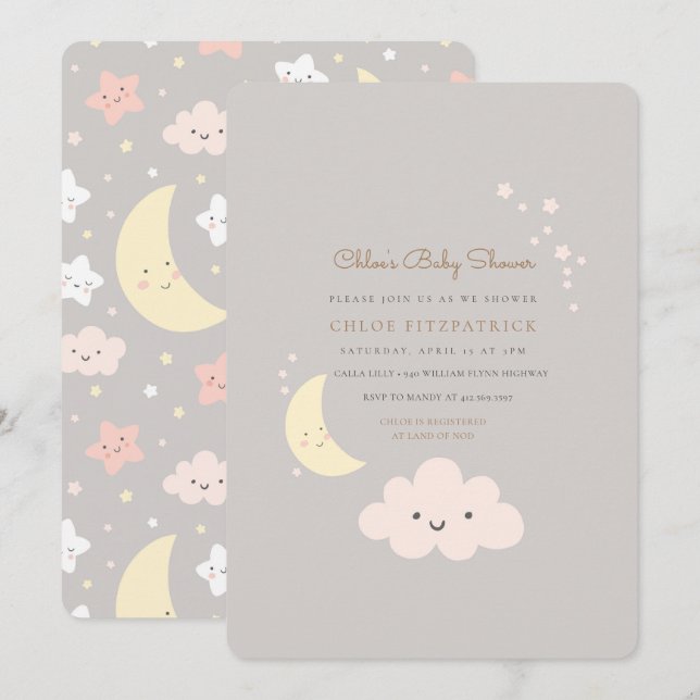 Gris de la invitación a Baby Shower de Luna y Estr (Anverso / Reverso)