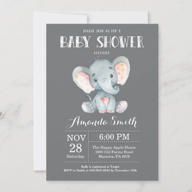 Gris de la invitación a Baby Shower para elefantes (Anverso)