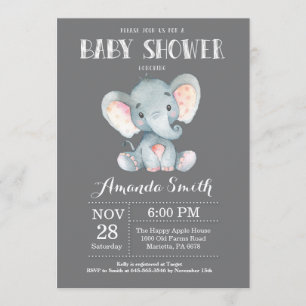 Gris de la invitación a Baby Shower para elefantes