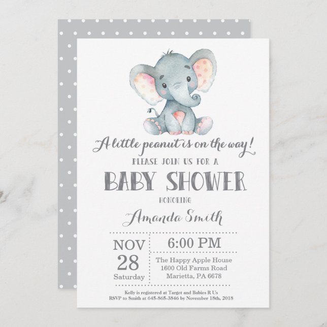Gris de la invitación de Baby Shower del elefante (Anverso / Reverso)