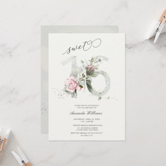 Gris dulce de 16 Rosas | Invitación romántica plat (Anverso/Reverso In Situ)