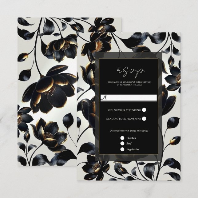 Gris floral negro y dorado elegante Boda RSVP (Anverso / Reverso)