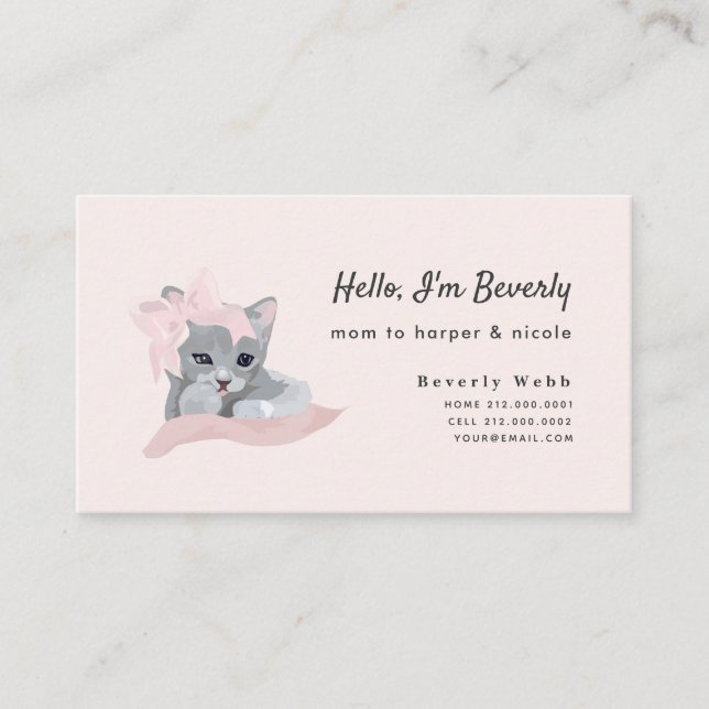Gris Kitten con tarjeta de visita mami de cinta ro (Anverso)