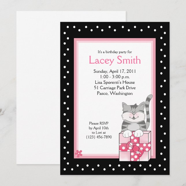 Gris lindo Kitten 5x7 Invitación a cumpleaños rosa (Anverso / Reverso)