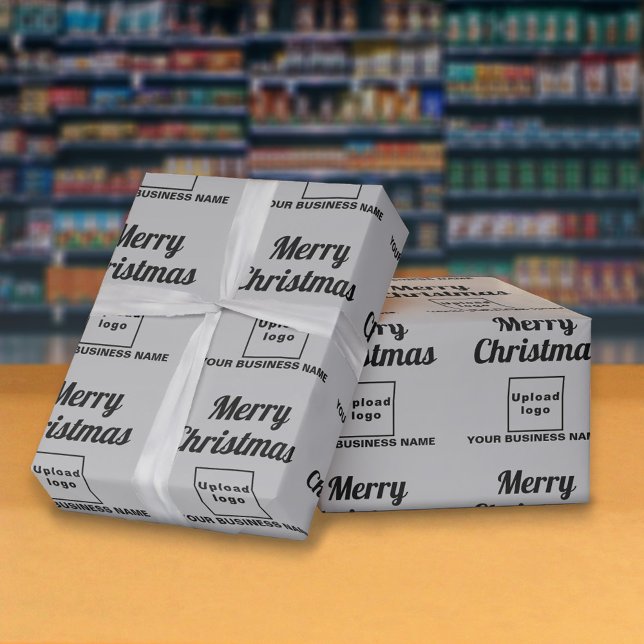 Gris | Negocios | Papel de ajuste de navidades (Business name and logo with Merry Christmas greeting on gray wrapping paper)