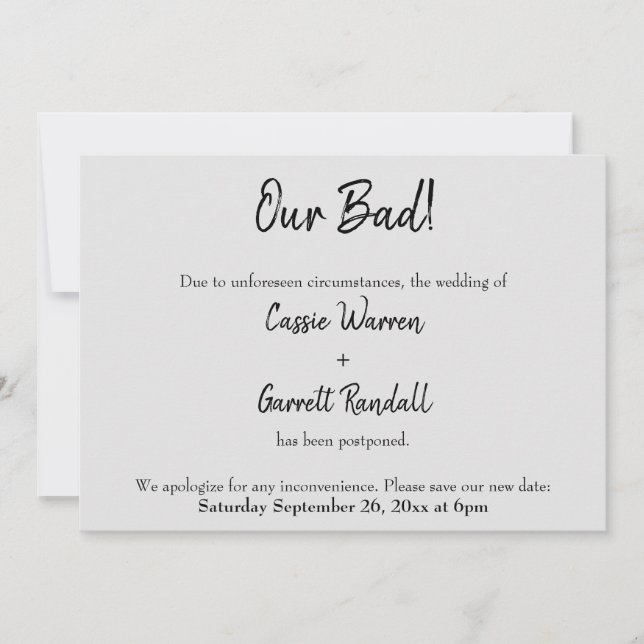 Gris "¡Nuestro Mal!" Invitación Boda pospuesta (Anverso)