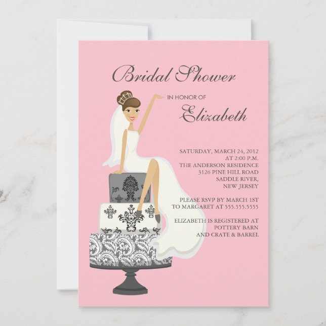 Gris nupcial del rosa de la invitación de la ducha (Anverso)