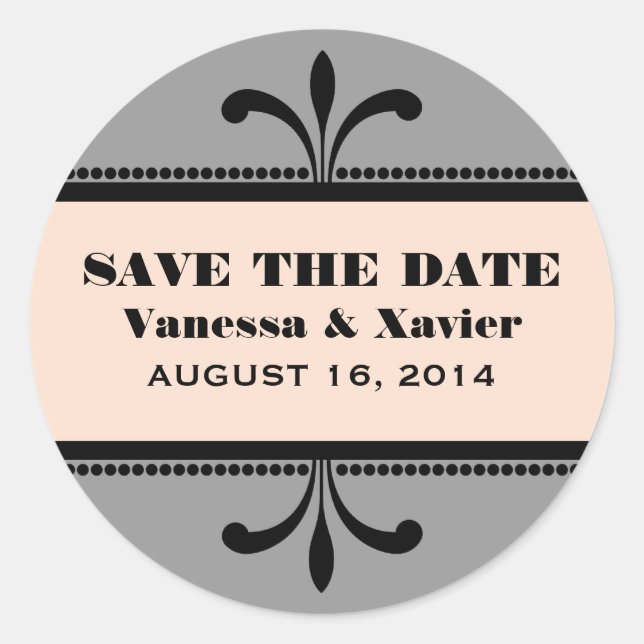 Gris/Peach Fancy Art Deco Save the Date Pegatinas (Anverso)