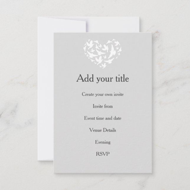 Gris romántico con corazón y aves invitaciones (Anverso)