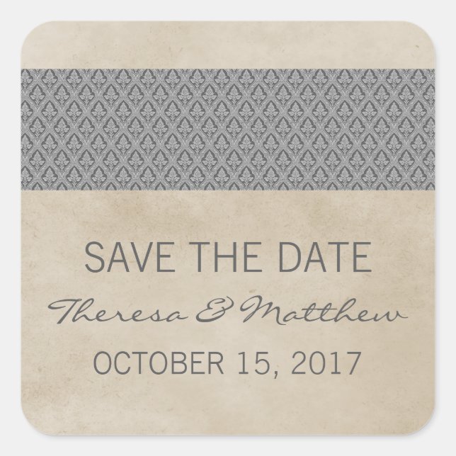Gris Rustic Damask Save the Date Pegatinas (Anverso)