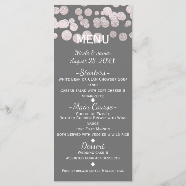Gris Silver Dots Elegant Glam Boda Menu Card (Anverso)