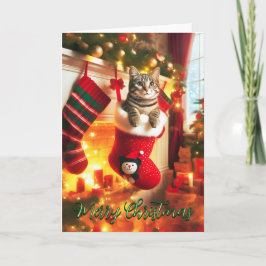 Gris Tabby Cat en una tarjeta de Navidad