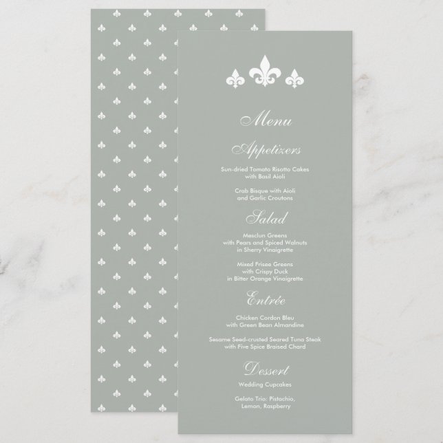 Gris | Tarjetas de menú Boda Fleur-de-lis blancas (Anverso / Reverso)