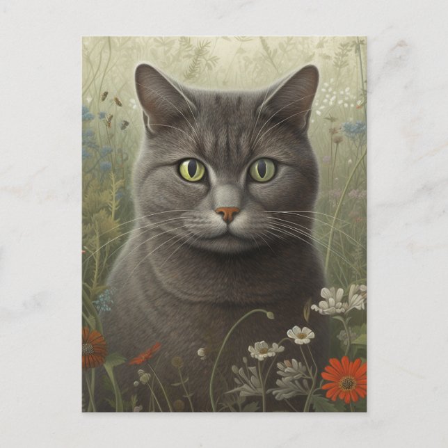 Gris Tom Cat En La Postales De Un Jardín De Flores (Anverso)