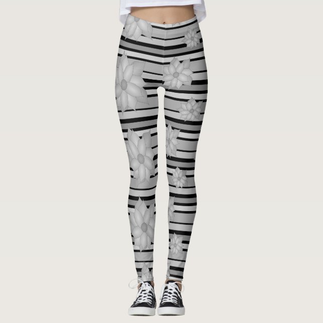 Gris y Black Floral stripe Damas Leggings (Anverso)