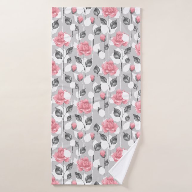 Gris y rosa. Estampado de flores (Toalla de baño)