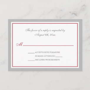 Gris y tarjetas rojas de RSVP de la recepción