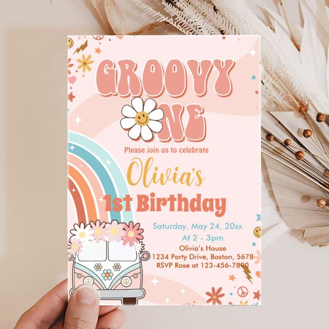 Groovy arco iris retro Invitación a un primer cump (Subido por el creador)