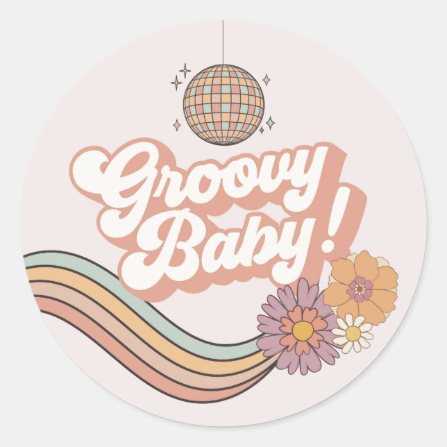 Groovy Baby Shower Retro Favor Pegatina (Anverso)