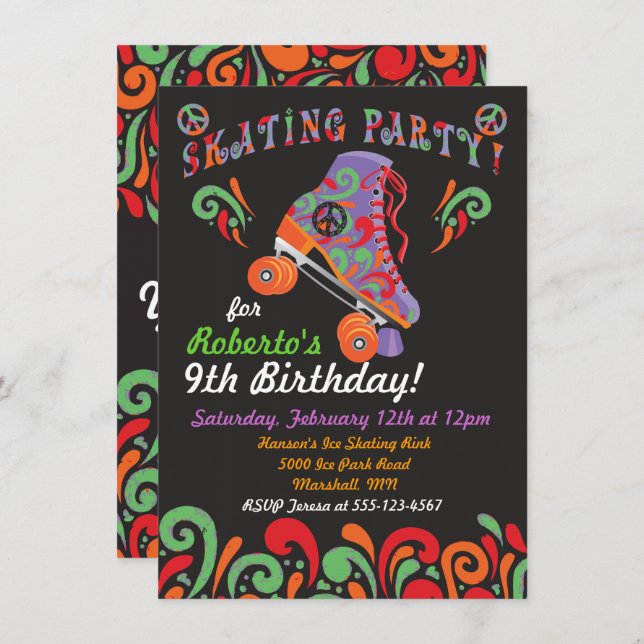 Groovy Black Roller Skler Party Invitaciones (Anverso / Reverso)