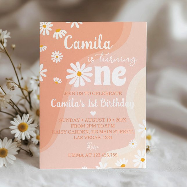 Groovy Boho Daisy Primera Invitación de cumpleaños (Subido por el creador)