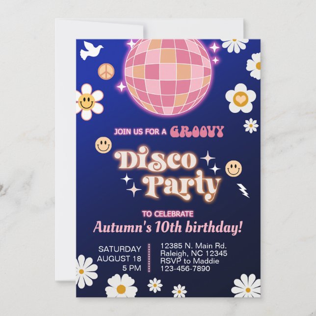 Groovy disco fiesta chica cumpleaños invitación re (Anverso)