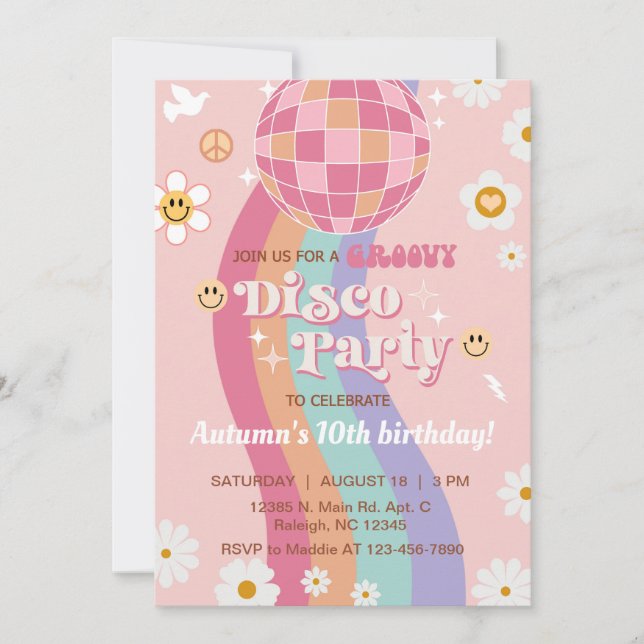 Groovy disco fiesta chica cumpleaños invitación re (Anverso)