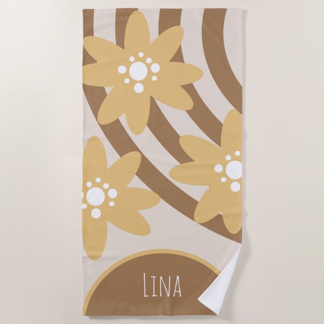 Groovy Florals Yellow Brown Name Beach Toalla (Anverso)