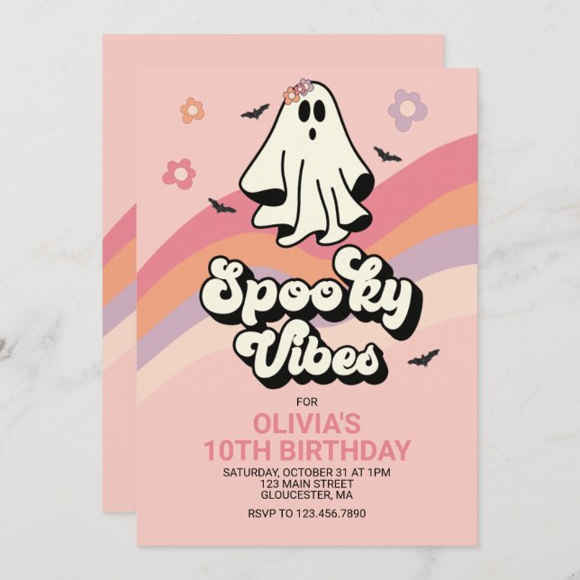 groovy Ghost retro Halloween cumpleaños invitación (Anverso / Reverso)