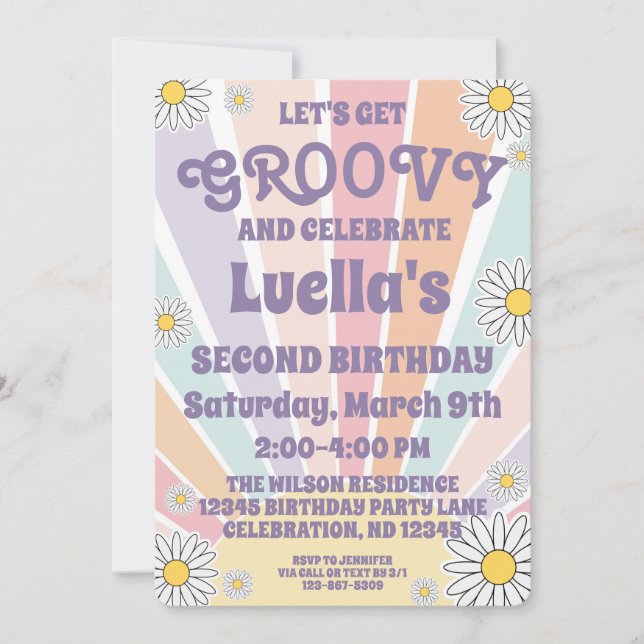 Groovy Hippy Sun & Daisy Chicas Invitación al cump (Anverso)