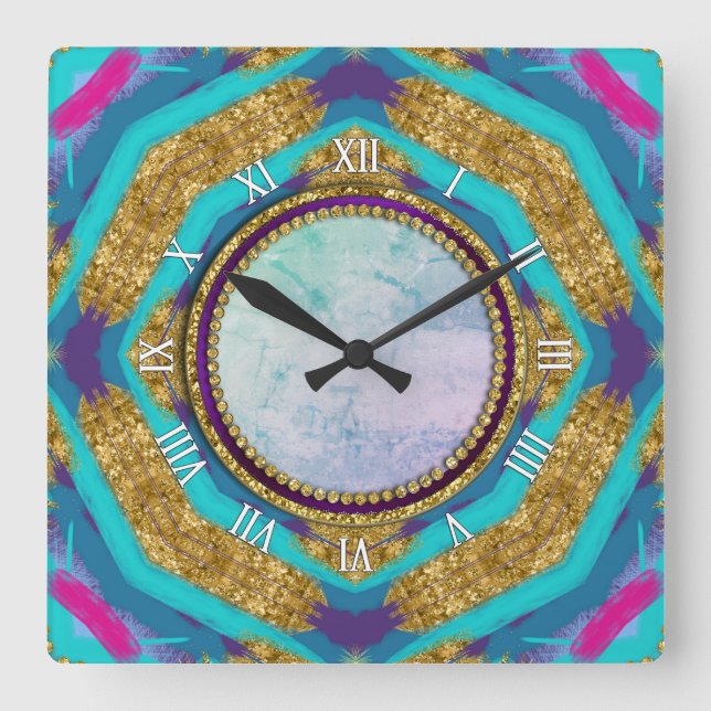 Groovy Mandala Aqua reloj de pared azul púrpura (Anverso)