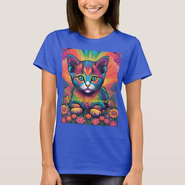 "Groovy Meowments" azul camiseta de gatito femenin (Anverso)