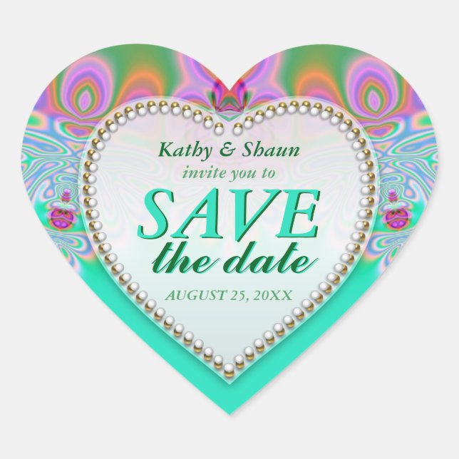 Groovy Mint & Pink Save the Date Heart Pegatinas (Anverso)