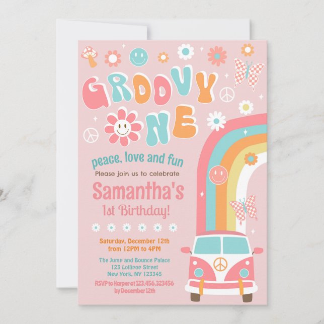 Groovy One Boho Retro Invitaciones a los primeros  (Anverso)