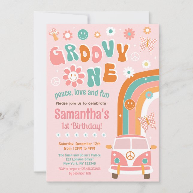 Groovy One Boho Retro Invitaciones a los primeros  (Anverso)