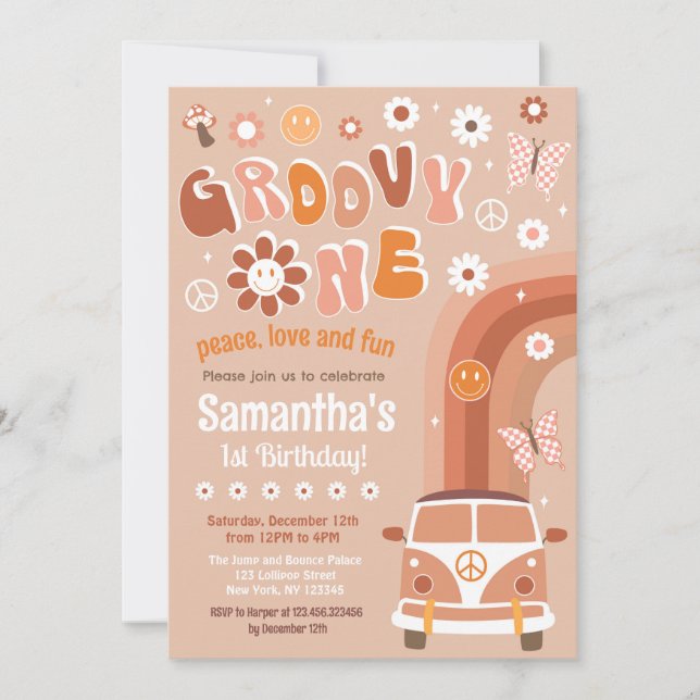 Groovy One Boho Retro Invitaciones a los primeros  (Anverso)
