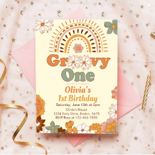 Groovy One Floral Rainbow Invitación de primer cum