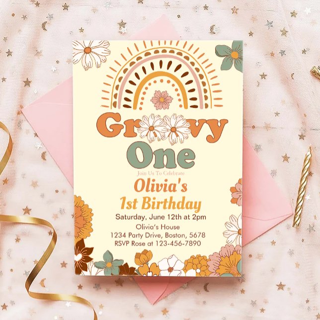 Groovy One Floral Rainbow Invitación de primer cum (Subido por el creador)