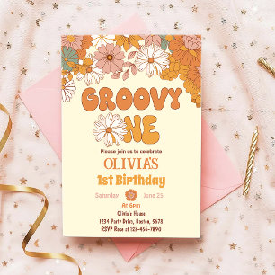 Groovy One Floral Retro Primera Invitación de cump