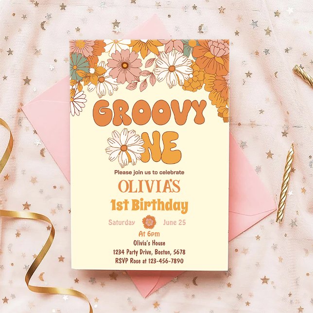 Groovy One Floral Retro Primera Invitación de cump (Subido por el creador)
